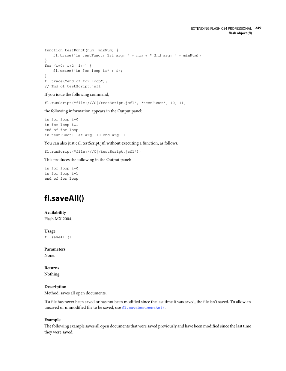 Fl.saveall() | Adobe Extending Flash Professional CS4 User Manual | Page 271 / 560
