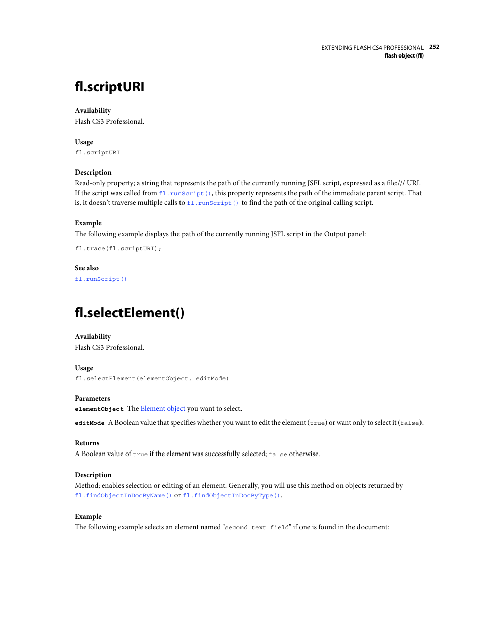 Fl.scripturi, Fl.selectelement() | Adobe Extending Flash Professional CS4 User Manual | Page 274 / 560