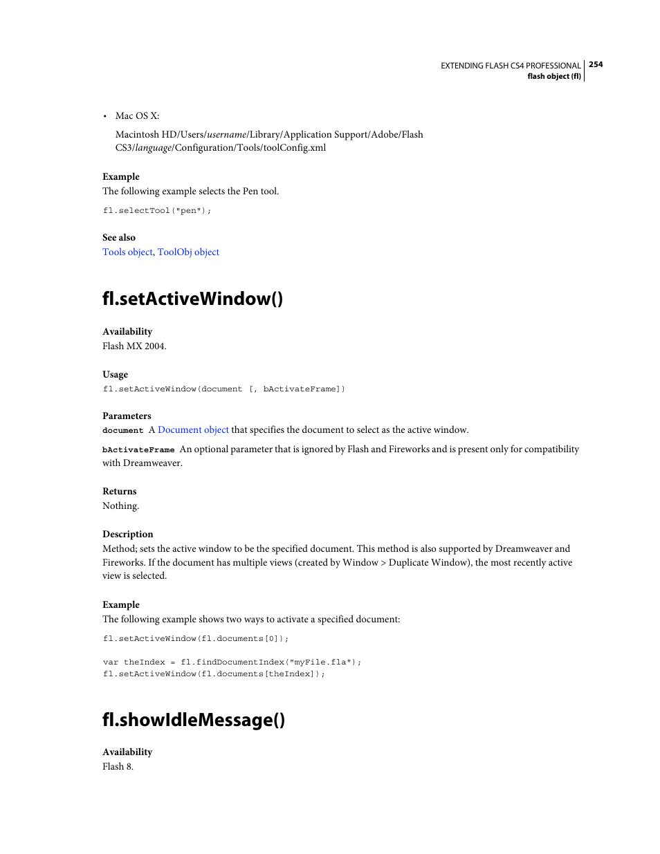 Fl.setactivewindow(), Fl.showidlemessage() | Adobe Extending Flash Professional CS4 User Manual | Page 276 / 560