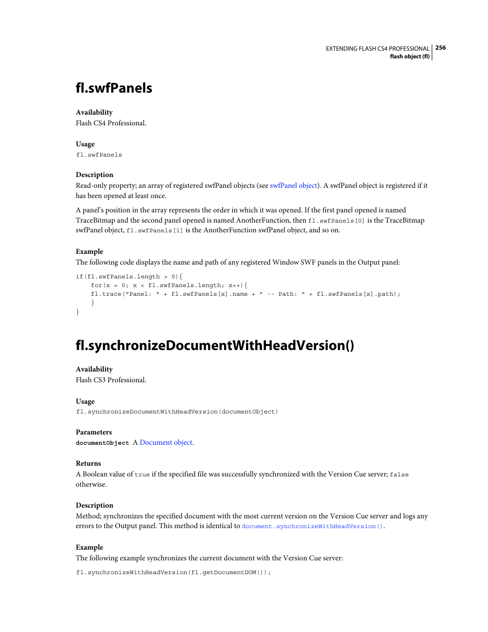 Fl.swfpanels, Fl.synchronizedocumentwithheadversion() | Adobe Extending Flash Professional CS4 User Manual | Page 278 / 560