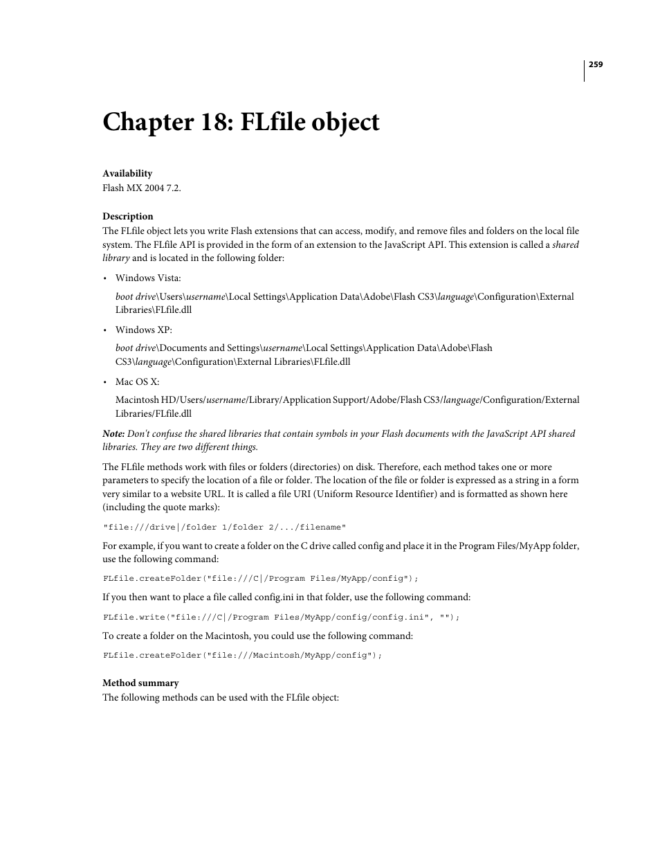 Chapter 18: flfile object, Flfile object | Adobe Extending Flash Professional CS4 User Manual | Page 281 / 560