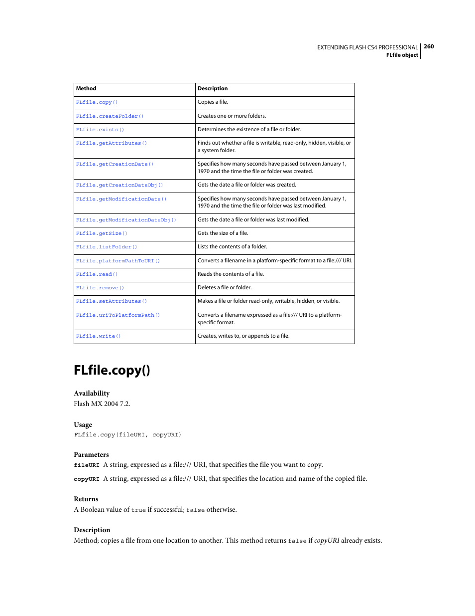 Flfile.copy() | Adobe Extending Flash Professional CS4 User Manual | Page 282 / 560