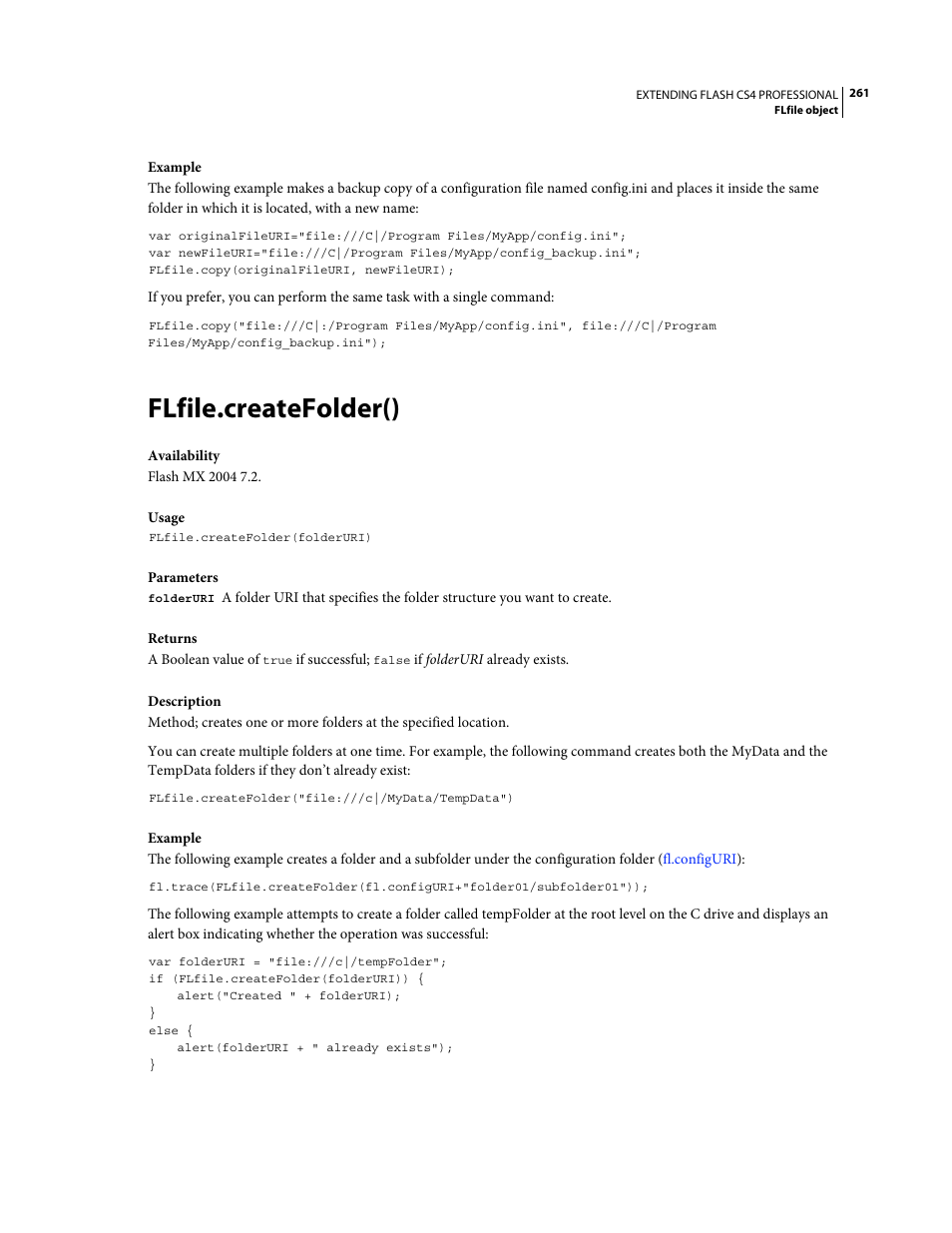 Flfile.createfolder() | Adobe Extending Flash Professional CS4 User Manual | Page 283 / 560