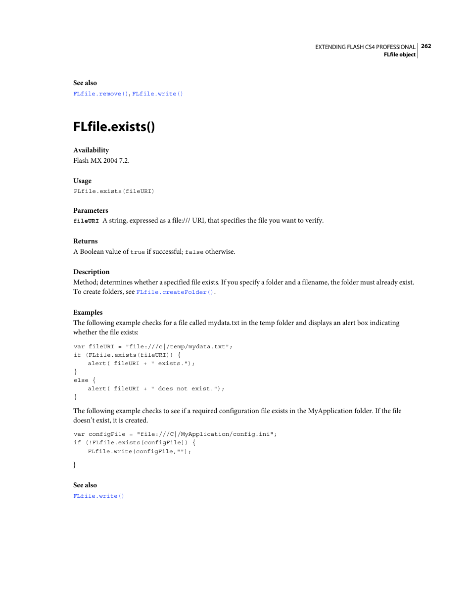 Flfile.exists() | Adobe Extending Flash Professional CS4 User Manual | Page 284 / 560