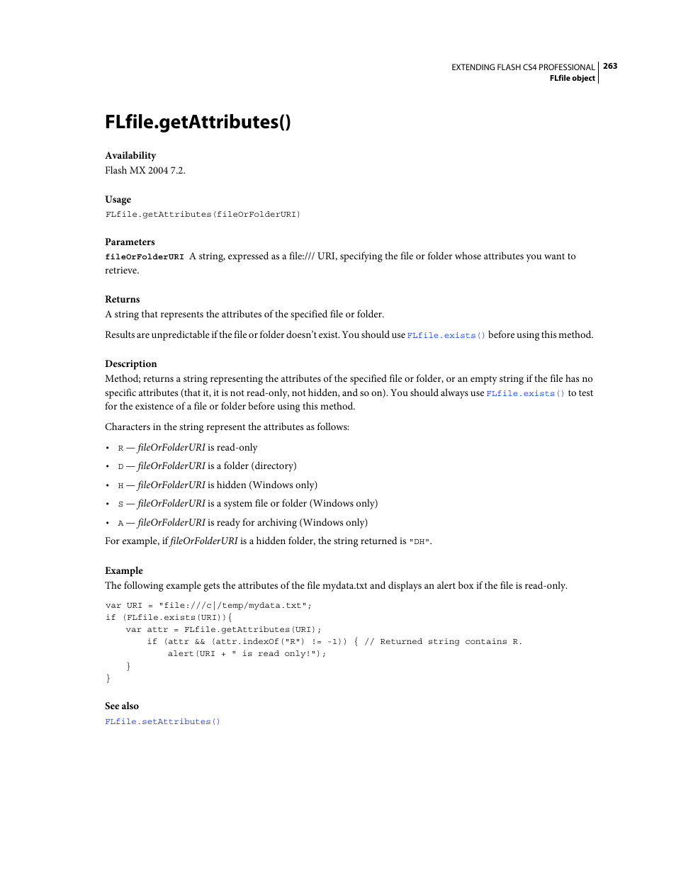 Flfile.getattributes() | Adobe Extending Flash Professional CS4 User Manual | Page 285 / 560