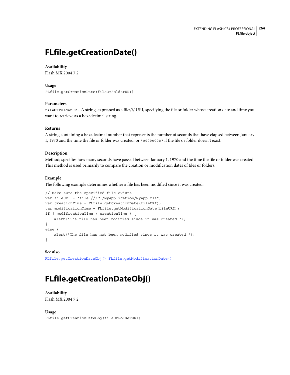 Flfile.getcreationdate(), Flfile.getcreationdateobj() | Adobe Extending Flash Professional CS4 User Manual | Page 286 / 560