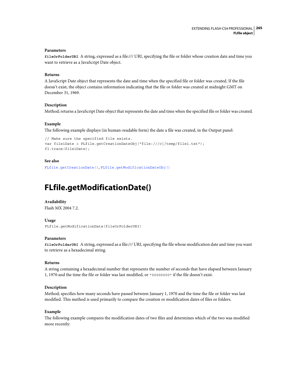 Flfile.getmodificationdate() | Adobe Extending Flash Professional CS4 User Manual | Page 287 / 560