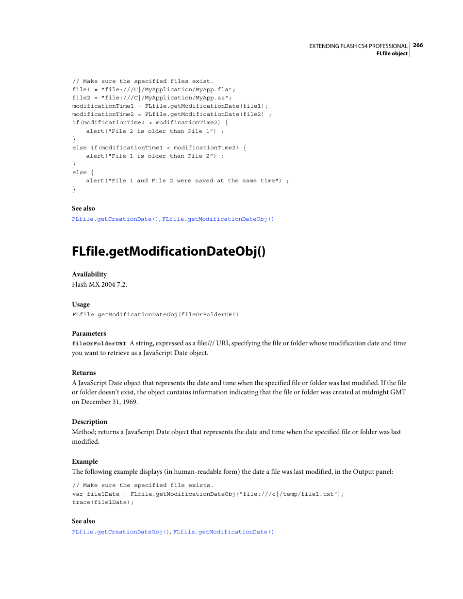 Flfile.getmodificationdateobj() | Adobe Extending Flash Professional CS4 User Manual | Page 288 / 560