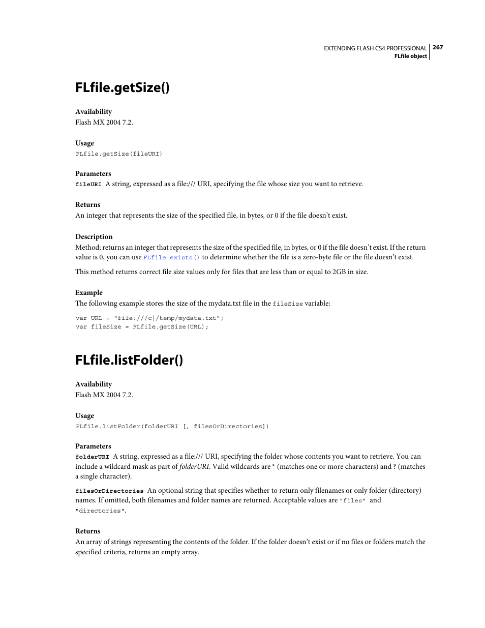 Flfile.getsize(), Flfile.listfolder() | Adobe Extending Flash Professional CS4 User Manual | Page 289 / 560