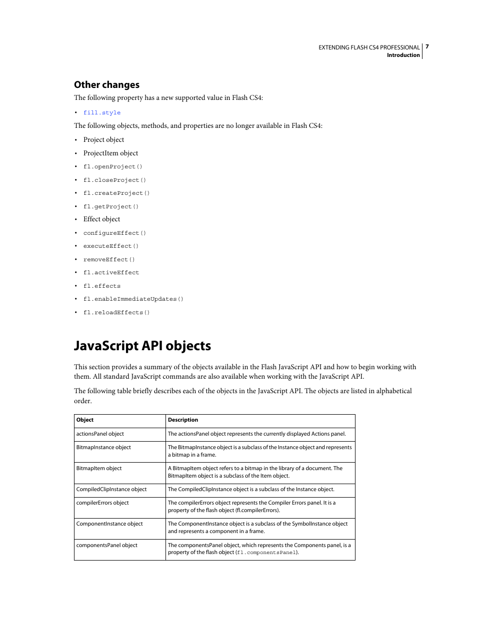 Other changes, Javascript api objects, Javascript api | Objects | Adobe Extending Flash Professional CS4 User Manual | Page 29 / 560