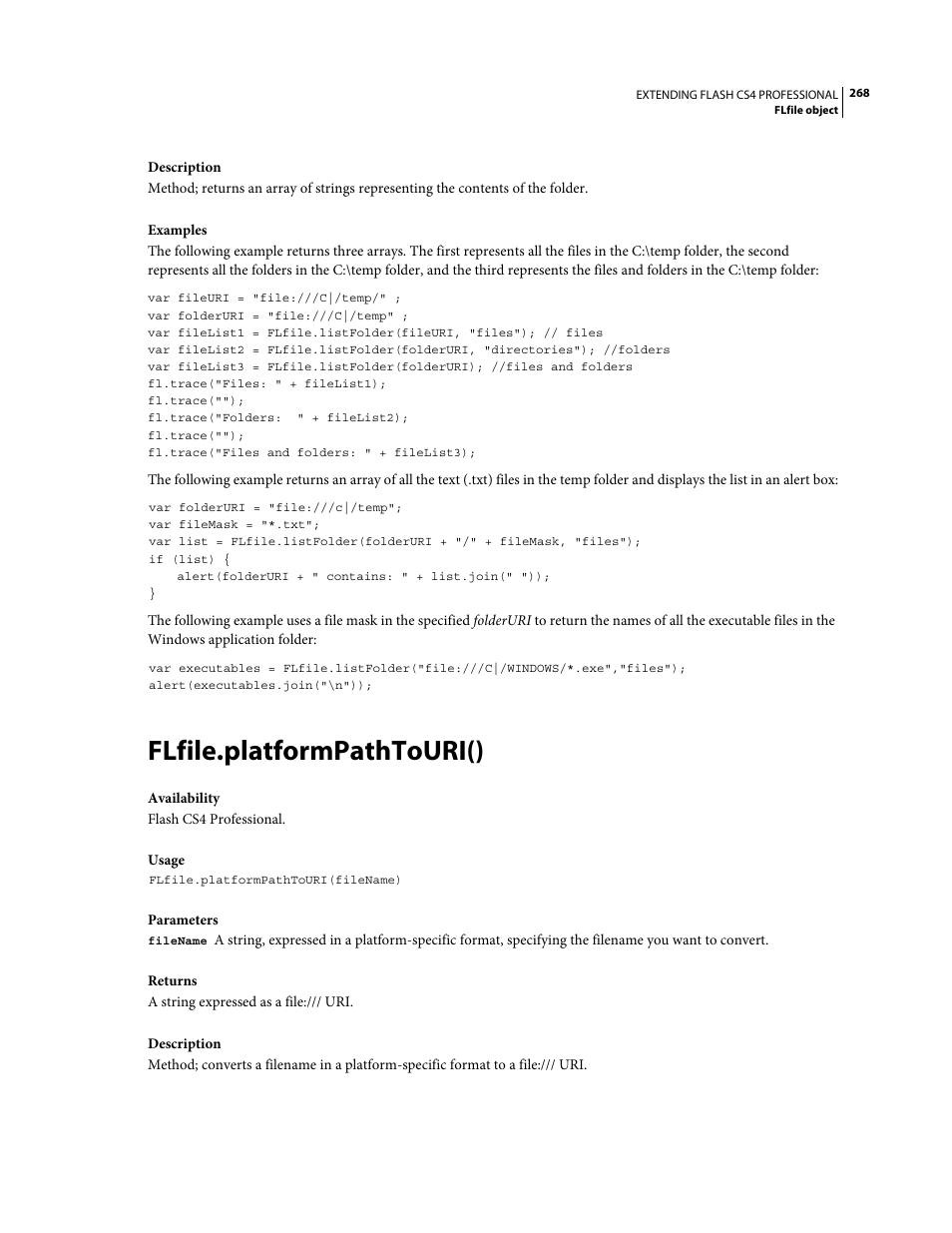 Flfile.platformpathtouri() | Adobe Extending Flash Professional CS4 User Manual | Page 290 / 560