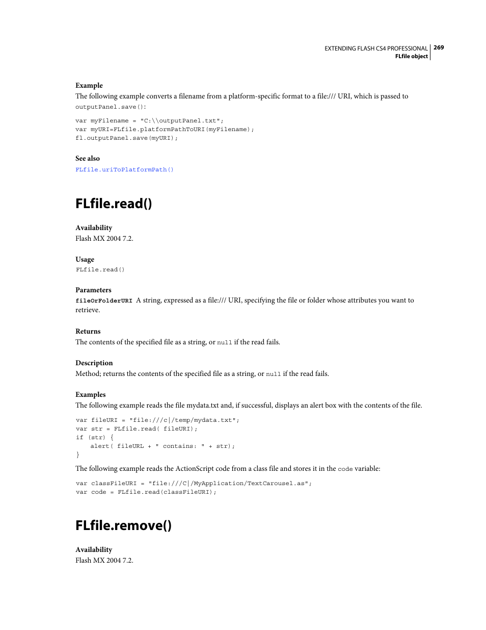 Flfile.read(), Flfile.remove() | Adobe Extending Flash Professional CS4 User Manual | Page 291 / 560