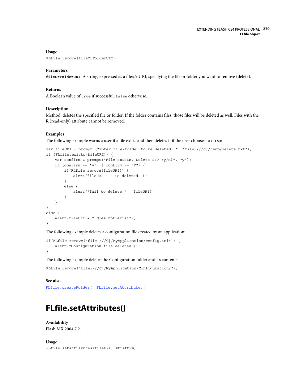 Flfile.setattributes() | Adobe Extending Flash Professional CS4 User Manual | Page 292 / 560