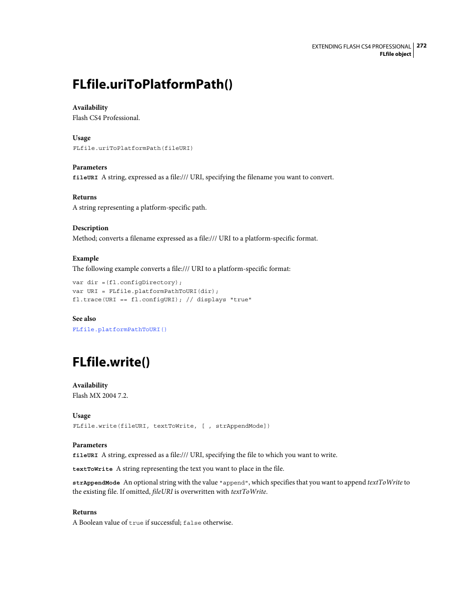 Flfile.uritoplatformpath(), Flfile.write() | Adobe Extending Flash Professional CS4 User Manual | Page 294 / 560