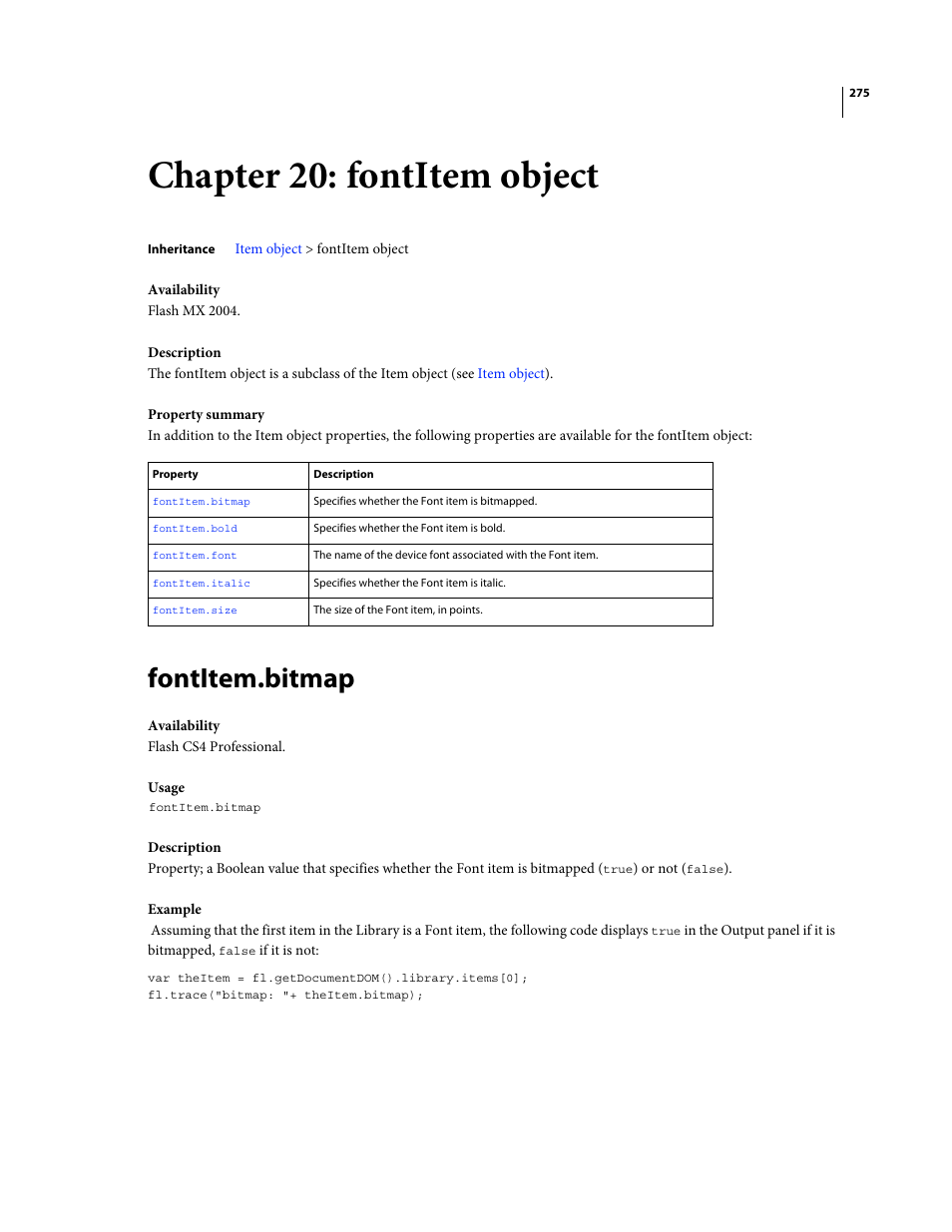 Chapter 20: fontitem object, Fontitem.bitmap, Fontitem object | Adobe Extending Flash Professional CS4 User Manual | Page 297 / 560