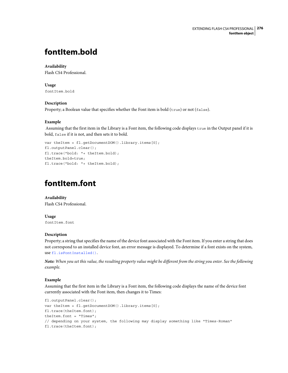Fontitem.bold, Fontitem.font | Adobe Extending Flash Professional CS4 User Manual | Page 298 / 560