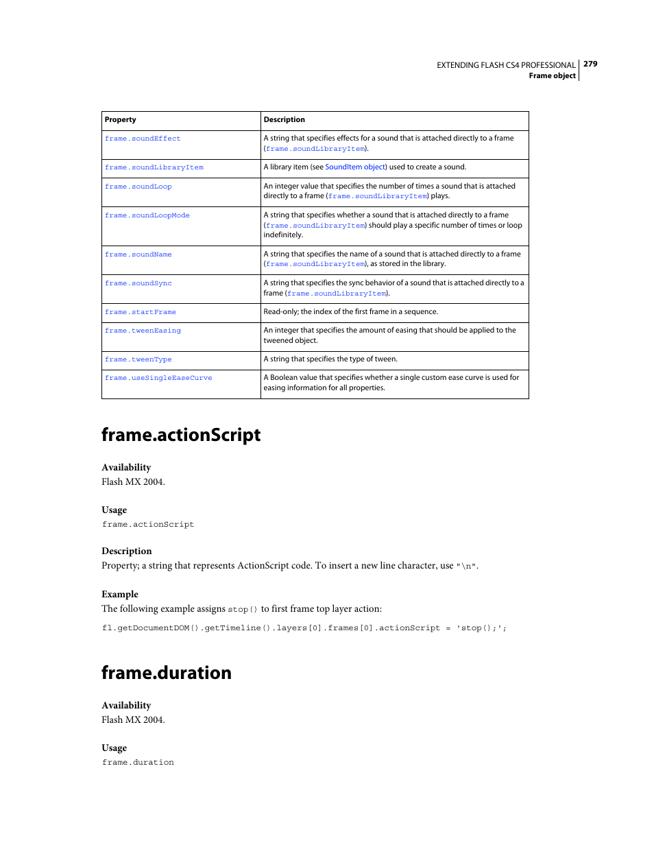 Frame.actionscript, Frame.duration | Adobe Extending Flash Professional CS4 User Manual | Page 301 / 560