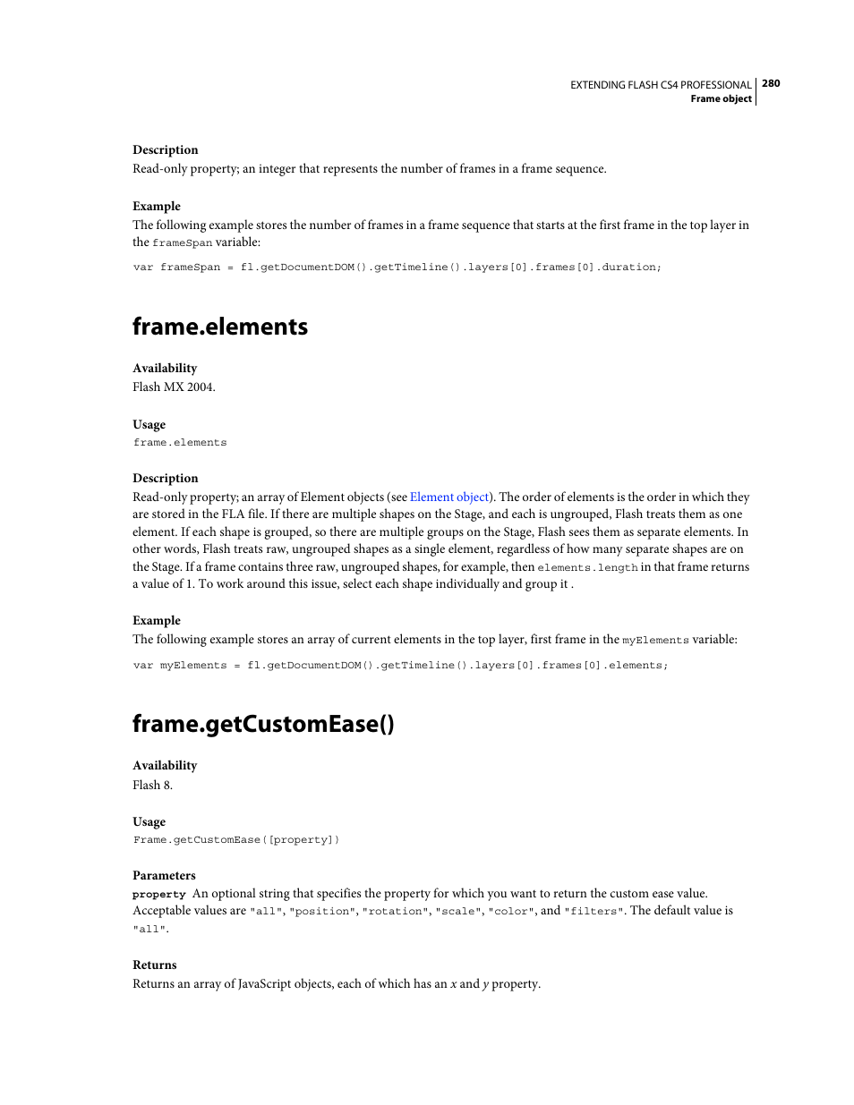 Frame.elements, Frame.getcustomease() | Adobe Extending Flash Professional CS4 User Manual | Page 302 / 560