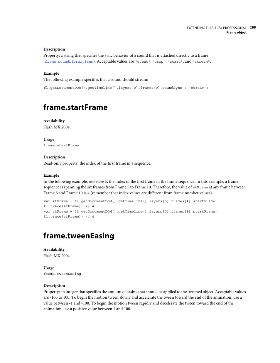 Frame.startframe, Frame.tweeneasing | Adobe Extending Flash Professional CS4 User Manual | Page 310 / 560