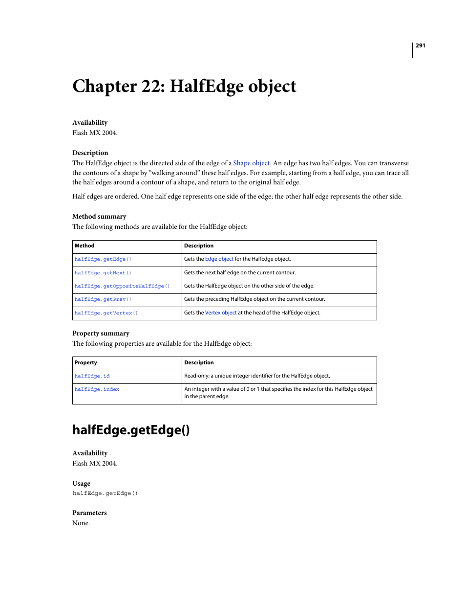 Chapter 22: halfedge object, Halfedge.getedge(), Returns a | Halfedge object | Adobe Extending Flash Professional CS4 User Manual | Page 313 / 560