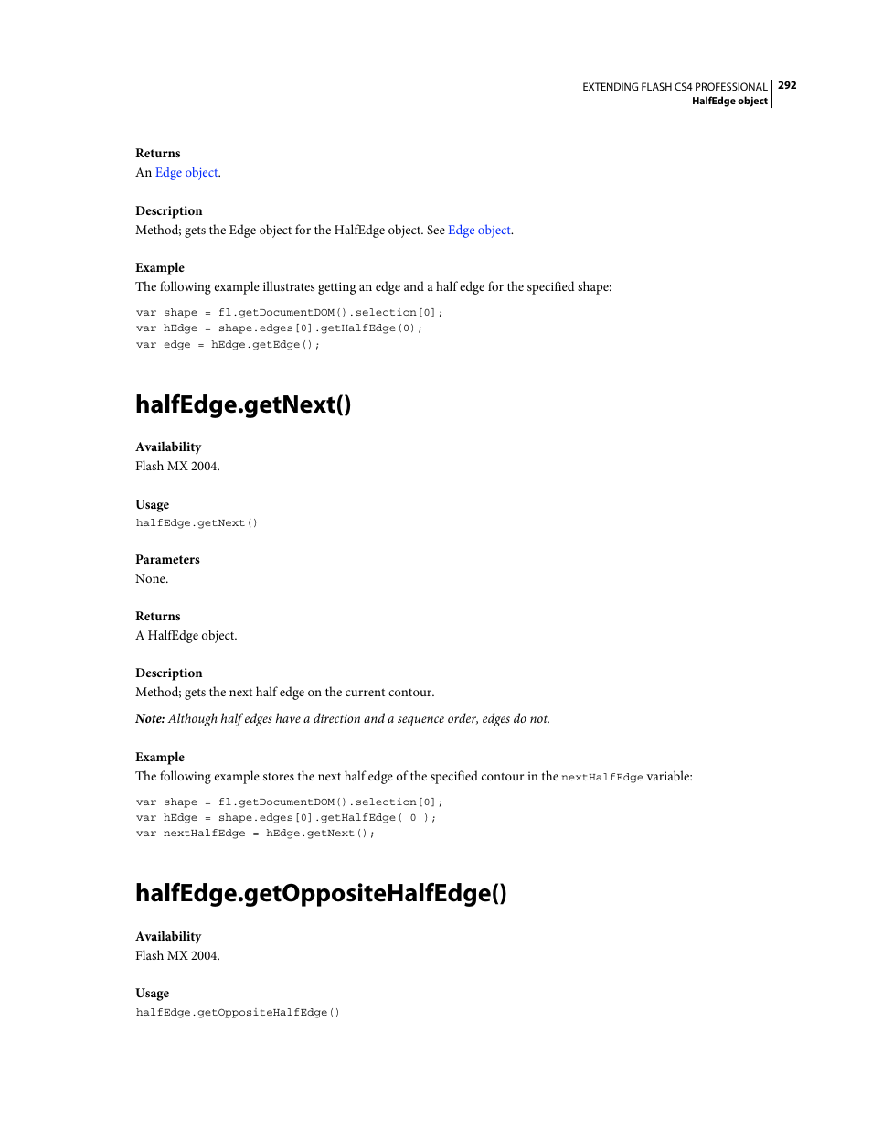 Halfedge.getnext(), Halfedge.getoppositehalfedge() | Adobe Extending Flash Professional CS4 User Manual | Page 314 / 560