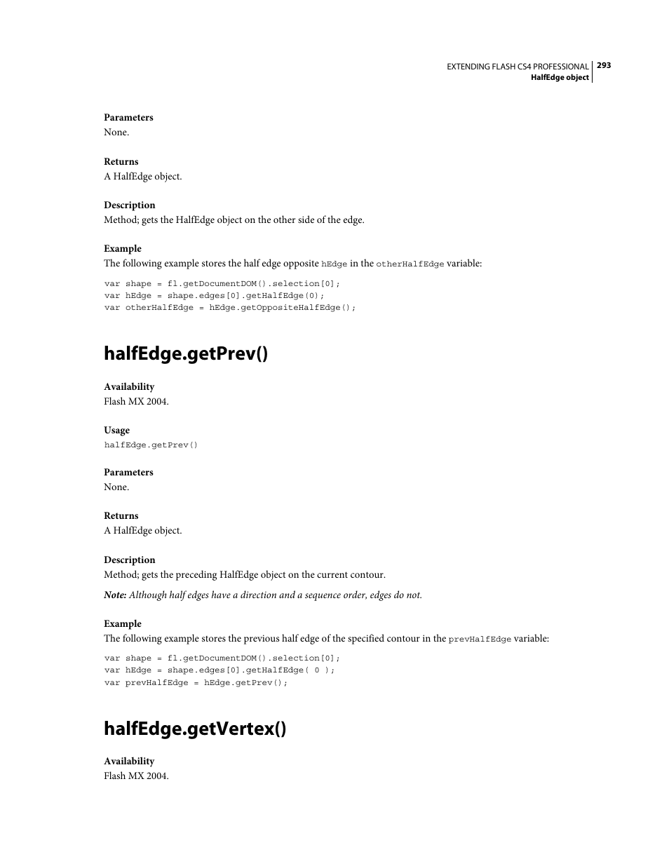 Halfedge.getprev(), Halfedge.getvertex() | Adobe Extending Flash Professional CS4 User Manual | Page 315 / 560