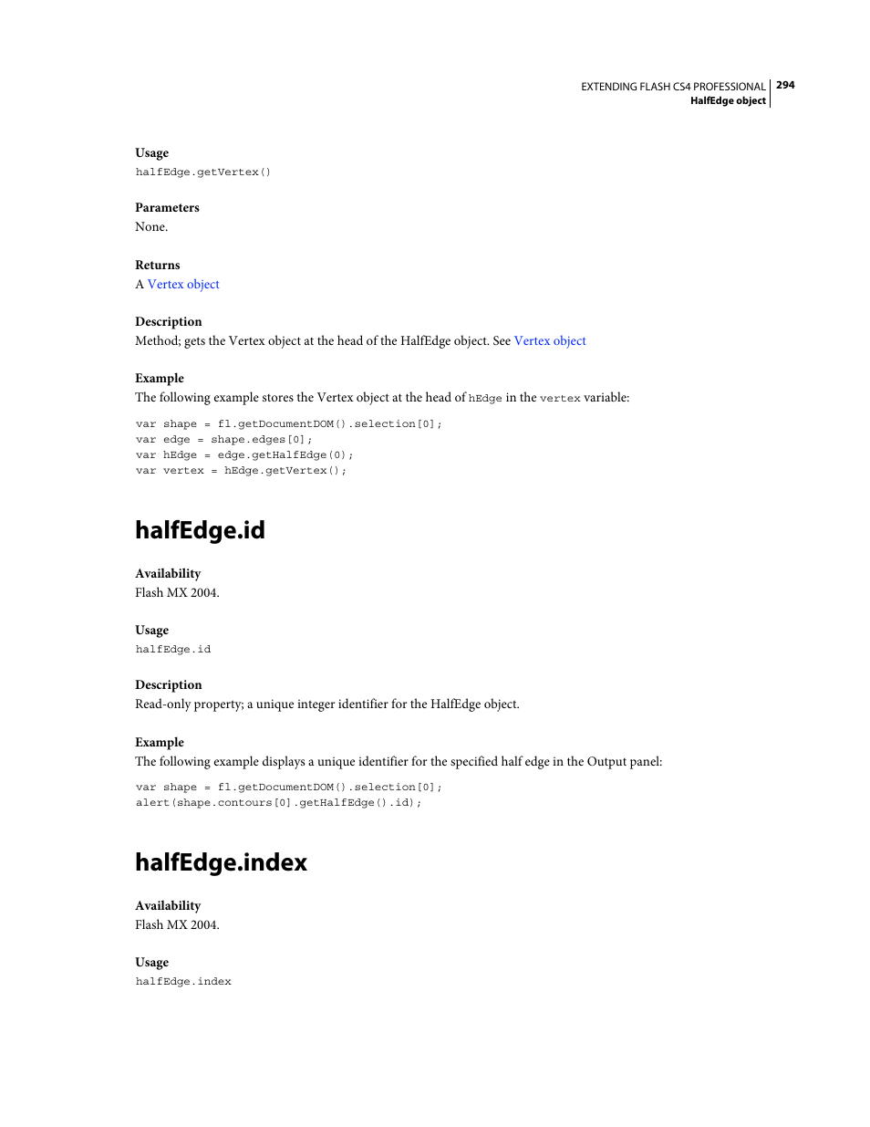 Halfedge.id, Halfedge.index | Adobe Extending Flash Professional CS4 User Manual | Page 316 / 560
