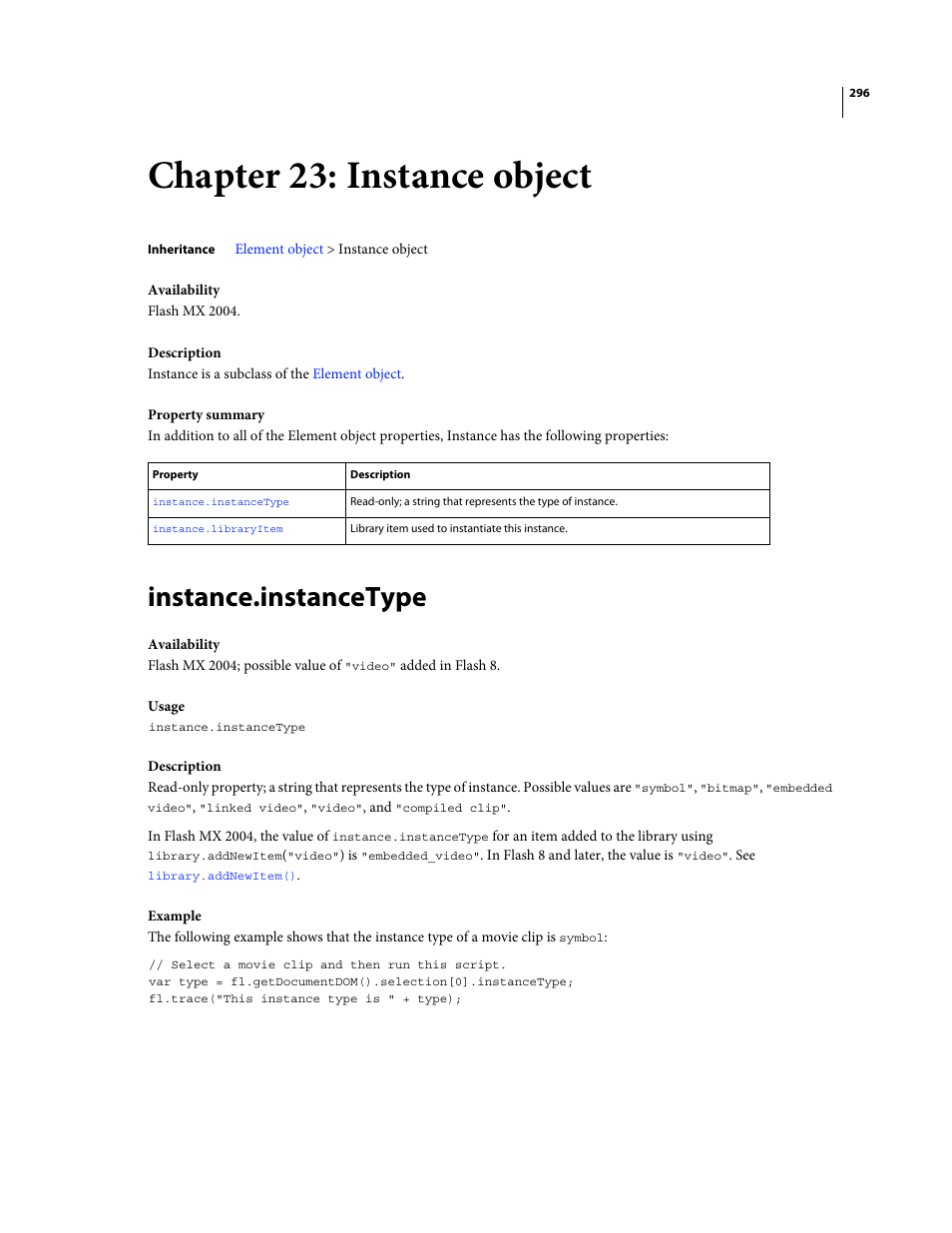 Chapter 23: instance object, Instance.instancetype, Instance object | Bitmapinstance object, Compiledclipinstance object, In addition to the properties of the | Adobe Extending Flash Professional CS4 User Manual | Page 318 / 560