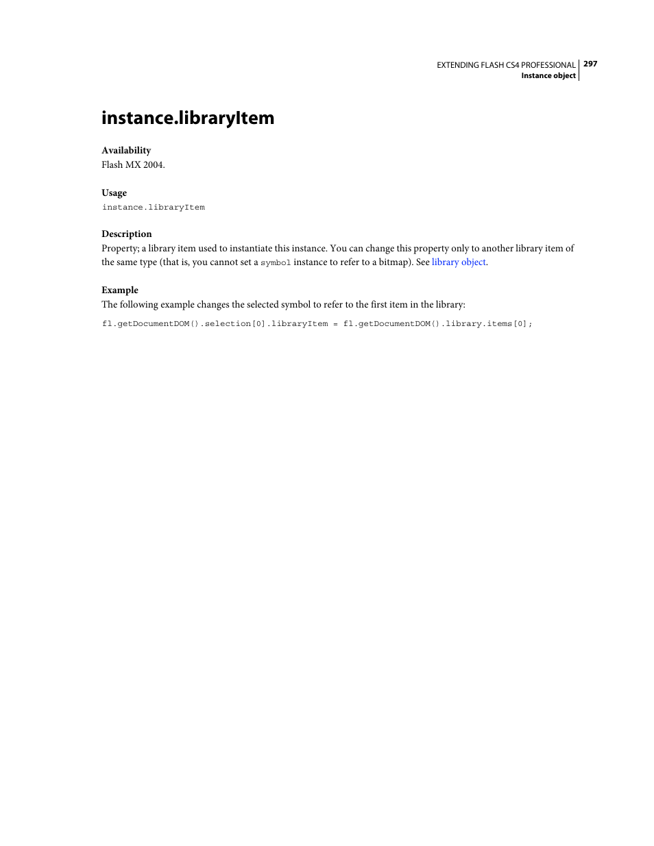 Instance.libraryitem | Adobe Extending Flash Professional CS4 User Manual | Page 319 / 560