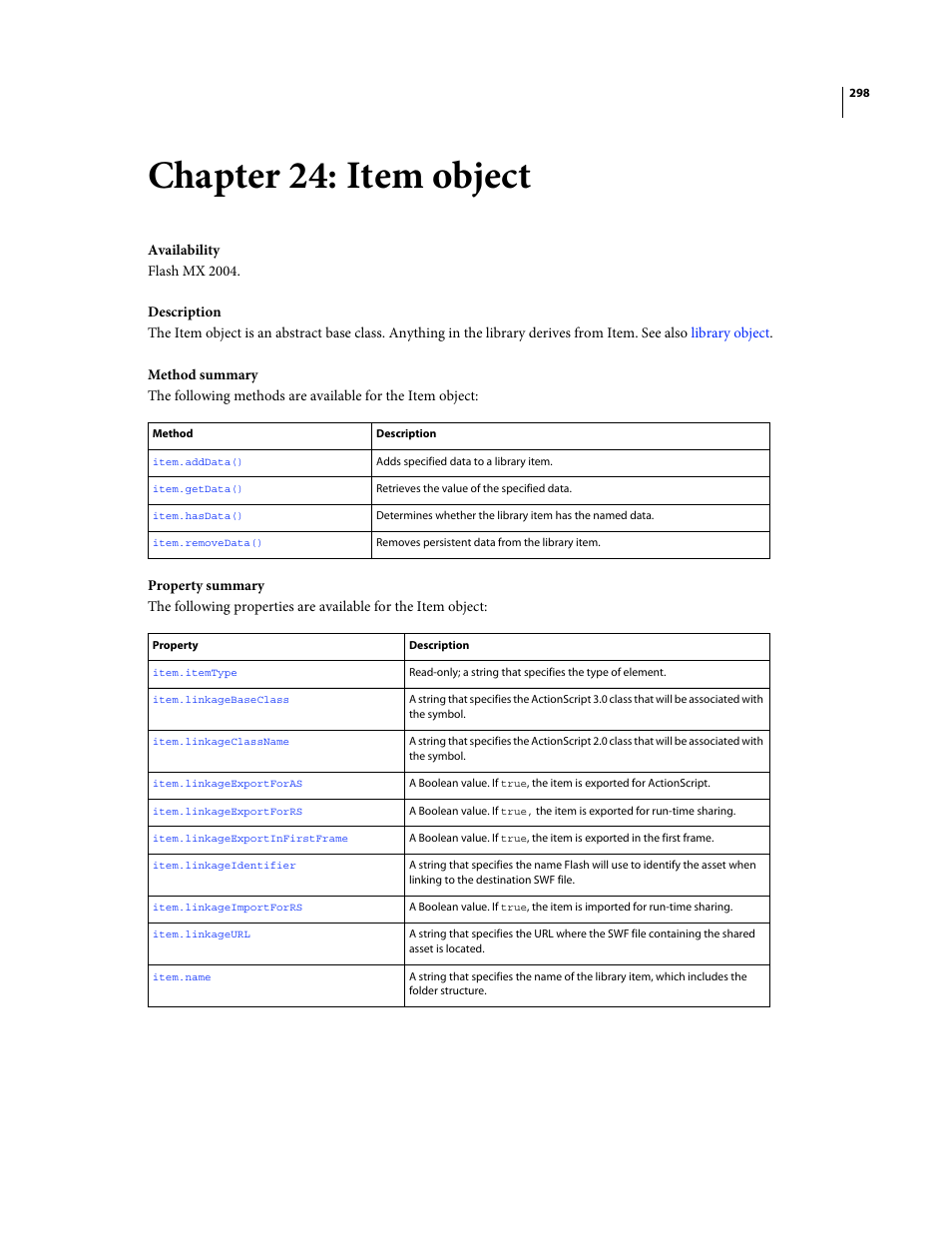 Chapter 24: item object, Item object, Properties for a symbol, see | Adobe Extending Flash Professional CS4 User Manual | Page 320 / 560