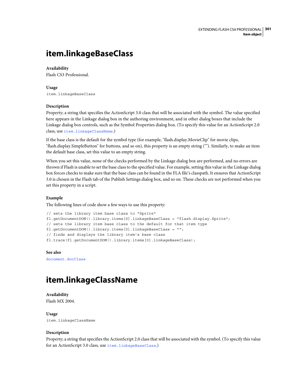 Item.linkagebaseclass, Item.linkageclassname | Adobe Extending Flash Professional CS4 User Manual | Page 323 / 560