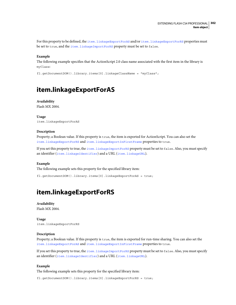 Item.linkageexportforas, Item.linkageexportforrs | Adobe Extending Flash Professional CS4 User Manual | Page 324 / 560