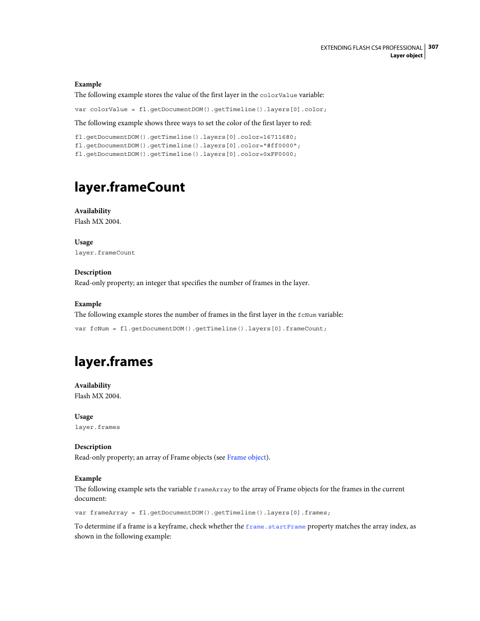 Layer.framecount, Layer.frames | Adobe Extending Flash Professional CS4 User Manual | Page 329 / 560