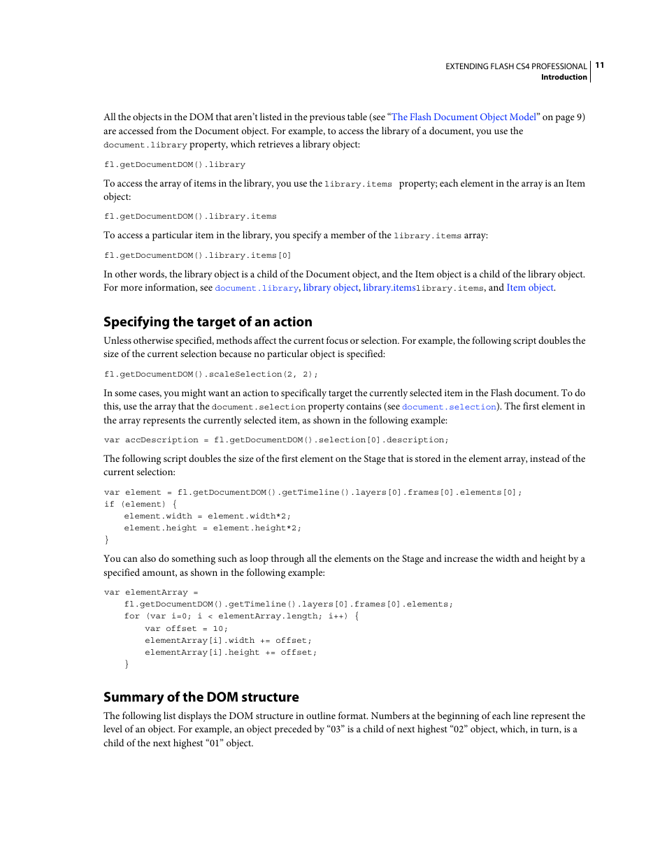 Specifying the target of an action, Summary of the dom structure | Adobe Extending Flash Professional CS4 User Manual | Page 33 / 560