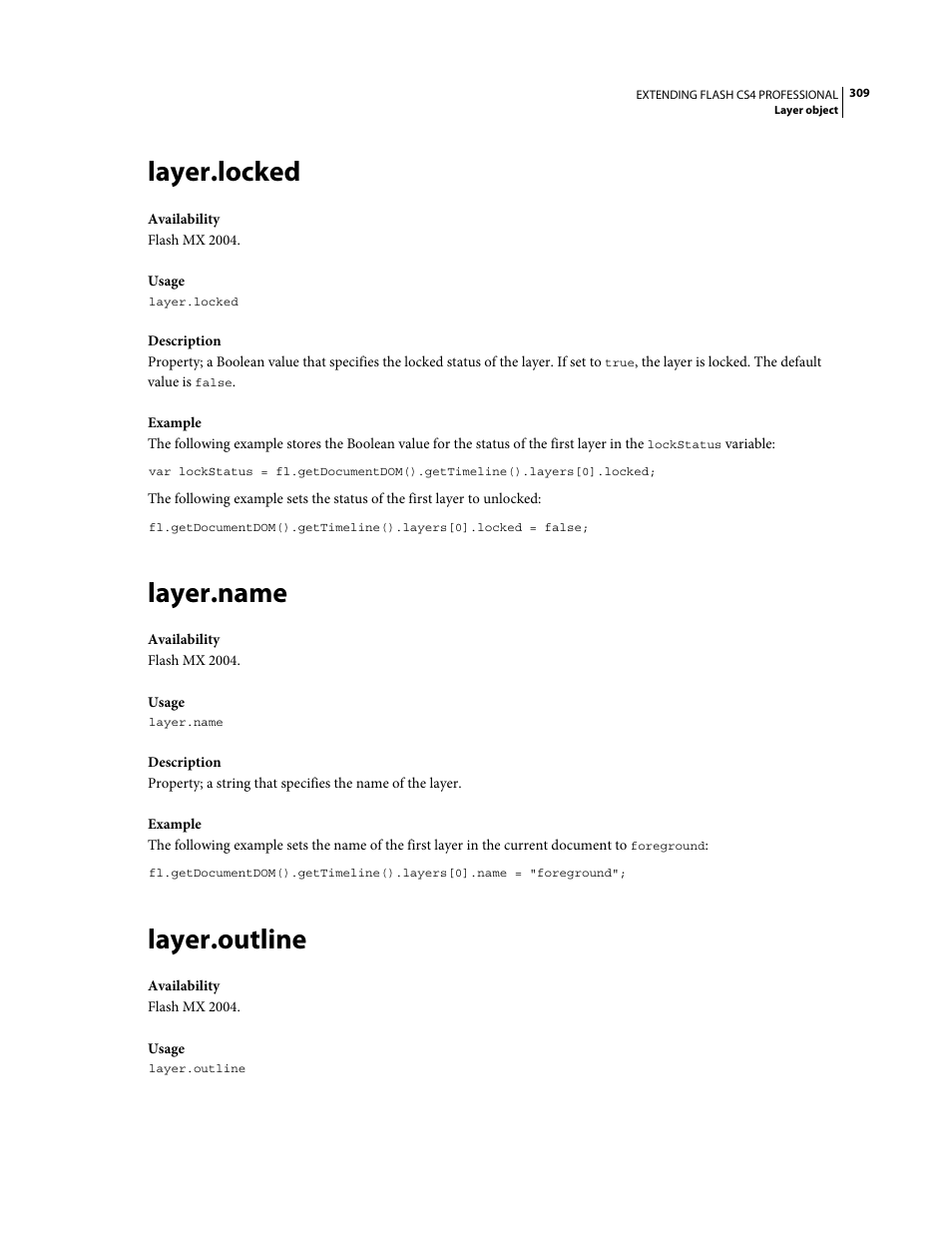 Layer.locked, Layer.name, Layer.outline | Adobe Extending Flash Professional CS4 User Manual | Page 331 / 560