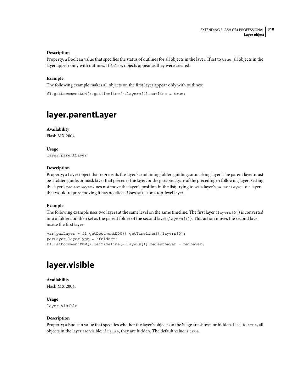 Layer.parentlayer, Layer.visible | Adobe Extending Flash Professional CS4 User Manual | Page 332 / 560