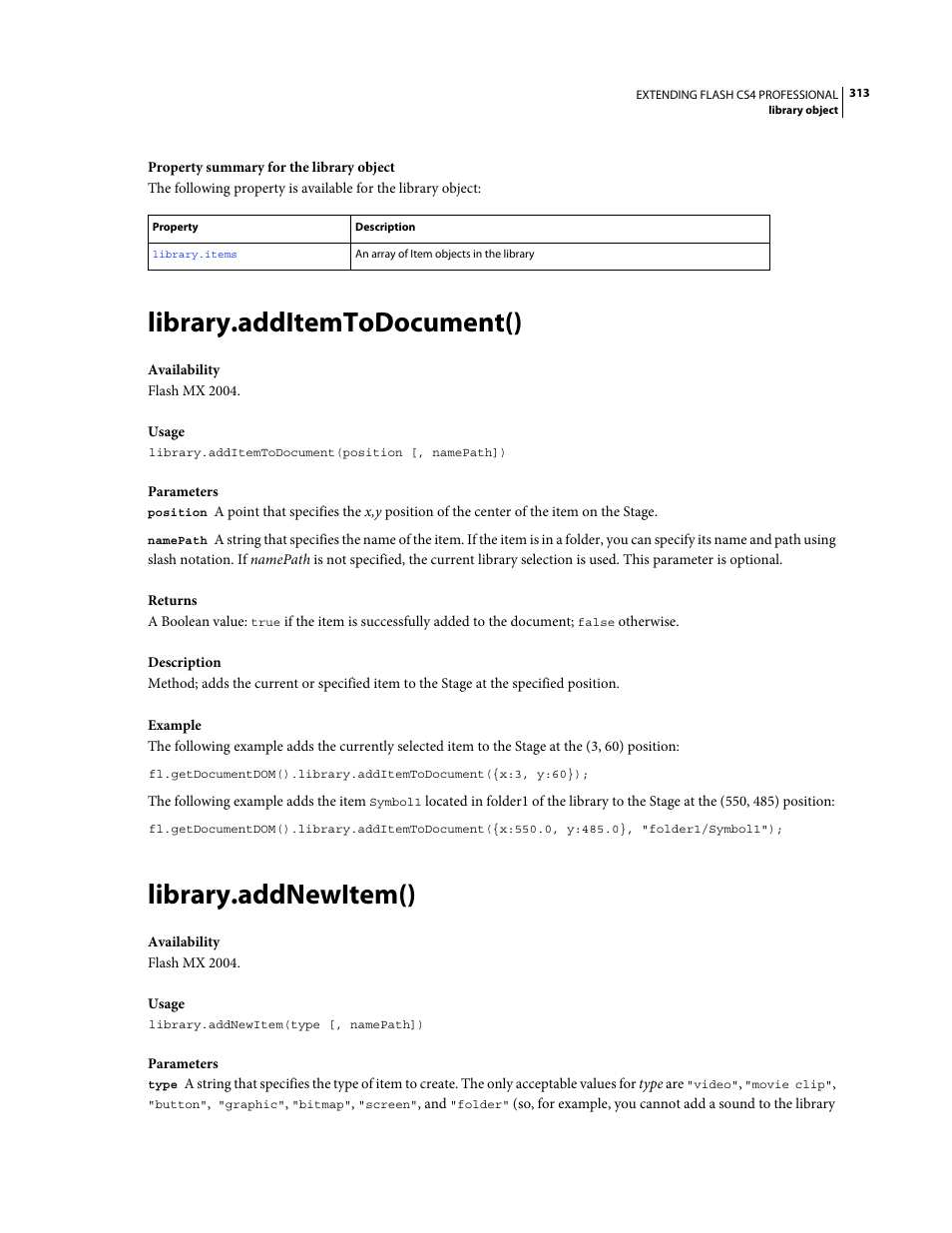 Library.additemtodocument(), Library.addnewitem() | Adobe Extending Flash Professional CS4 User Manual | Page 335 / 560