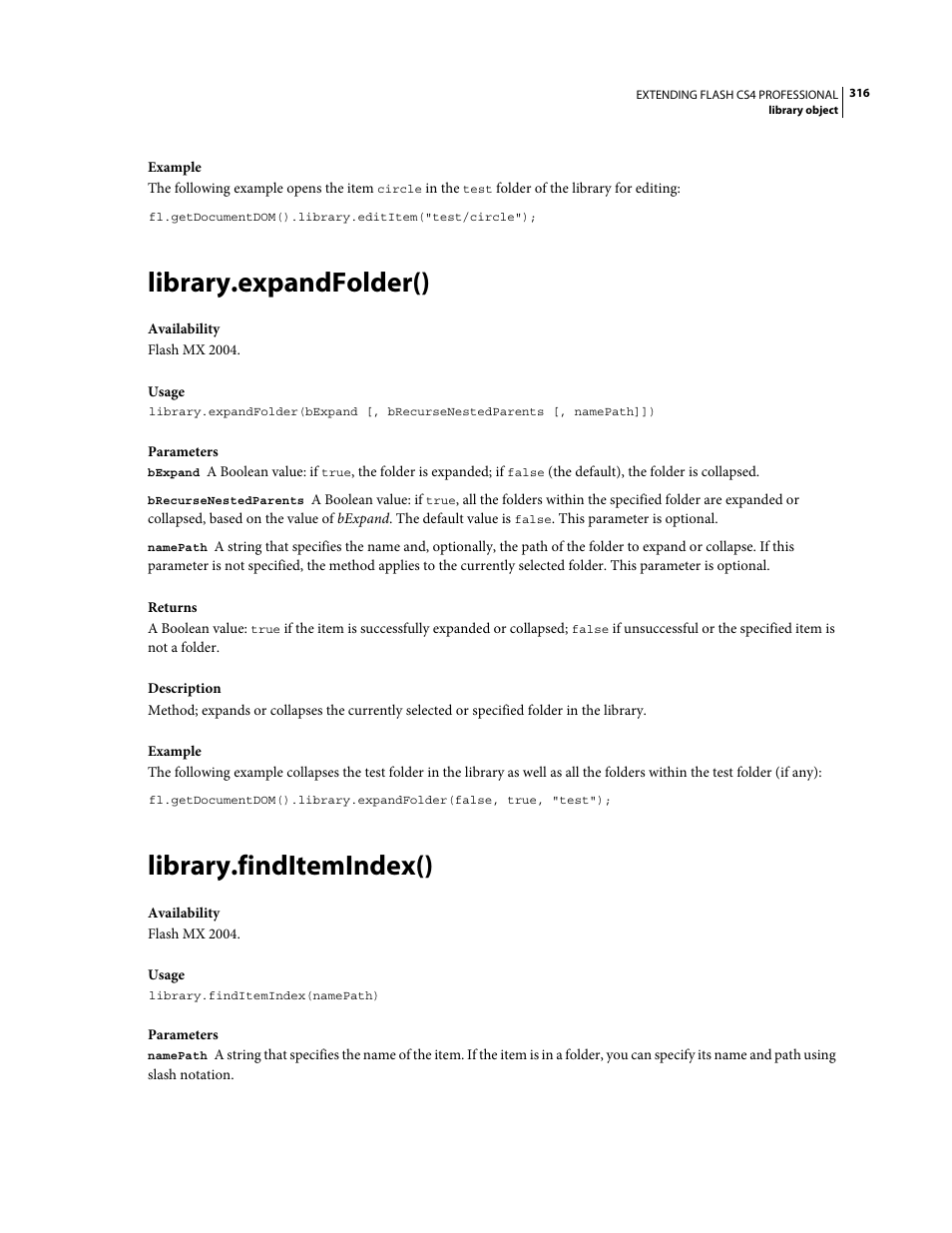 Library.expandfolder(), Library.finditemindex() | Adobe Extending Flash Professional CS4 User Manual | Page 338 / 560
