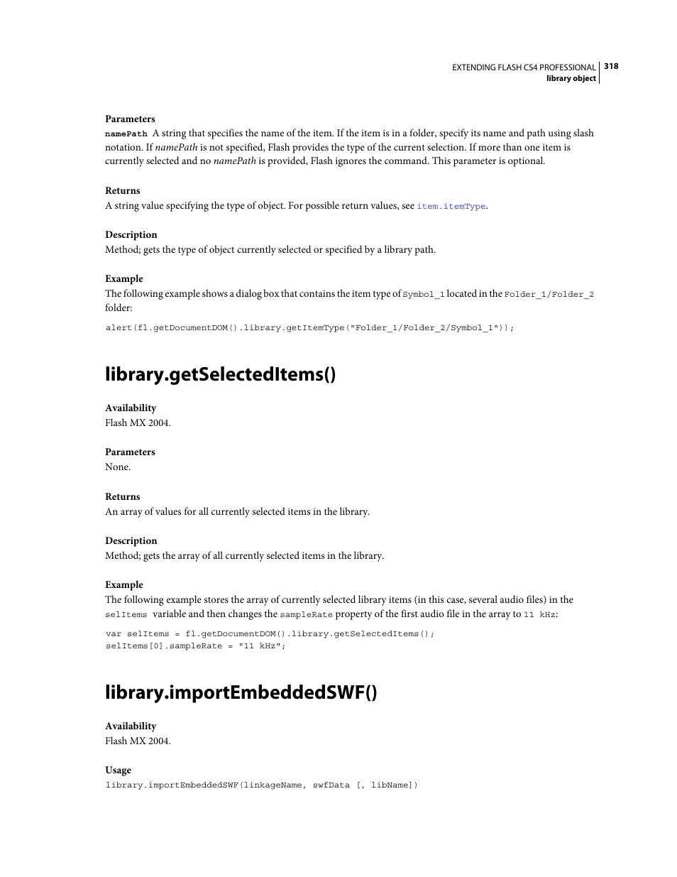 Library.getselecteditems(), Library.importembeddedswf() | Adobe Extending Flash Professional CS4 User Manual | Page 340 / 560