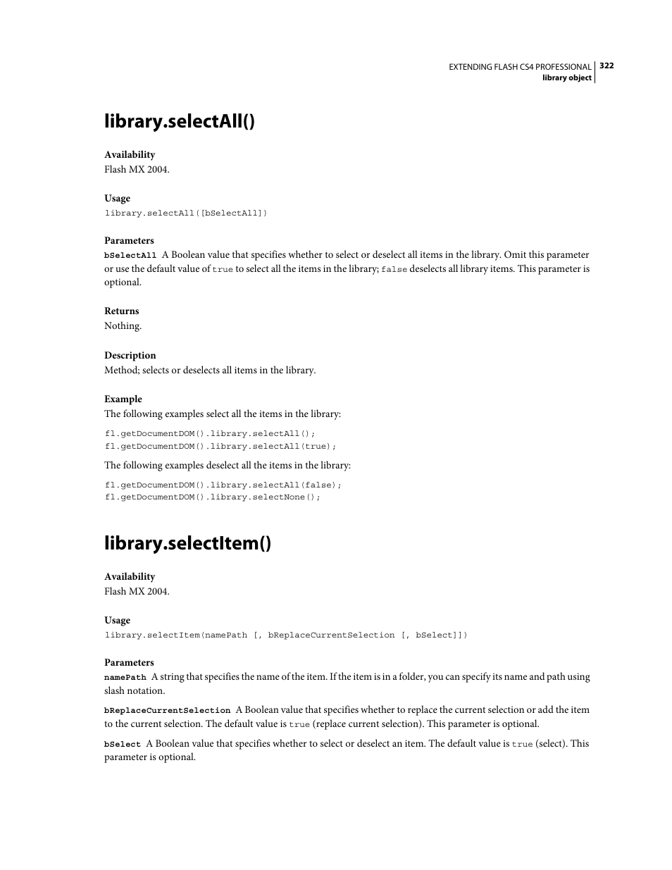 Library.selectall(), Library.selectitem() | Adobe Extending Flash Professional CS4 User Manual | Page 344 / 560