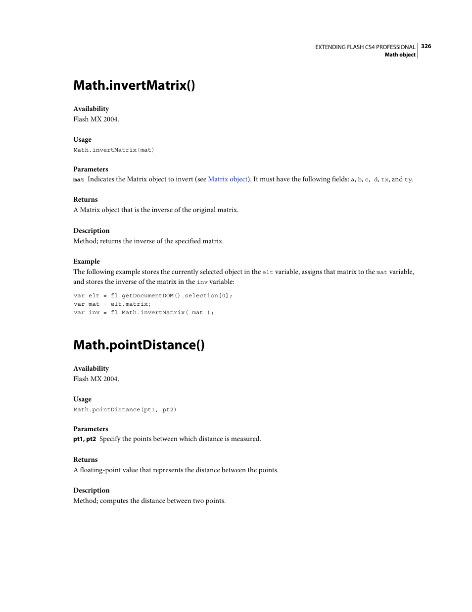 Math.invertmatrix(), Math.pointdistance() | Adobe Extending Flash Professional CS4 User Manual | Page 348 / 560