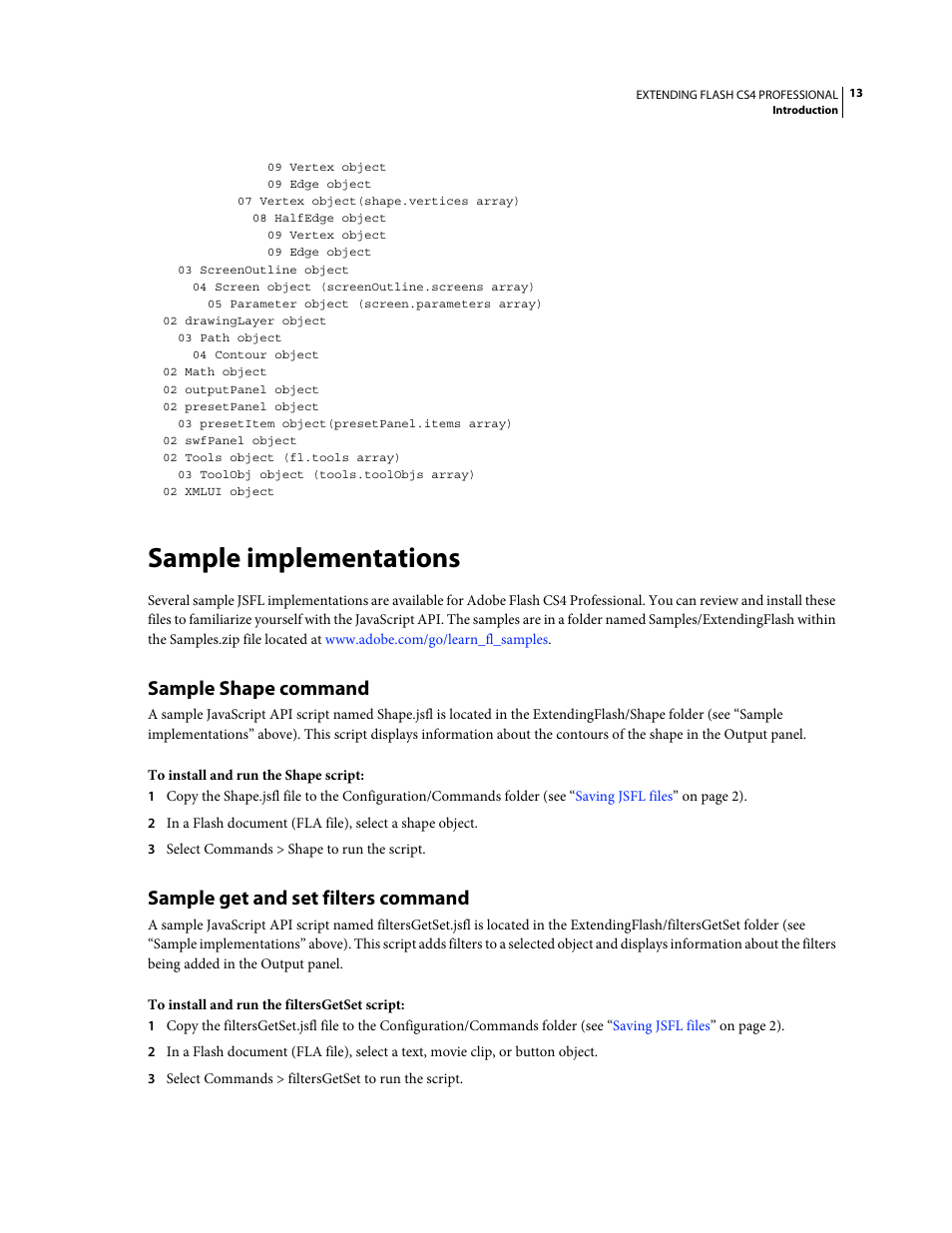 Sample implementations, Sample shape command, Sample get and set filters command | Adobe Extending Flash Professional CS4 User Manual | Page 35 / 560