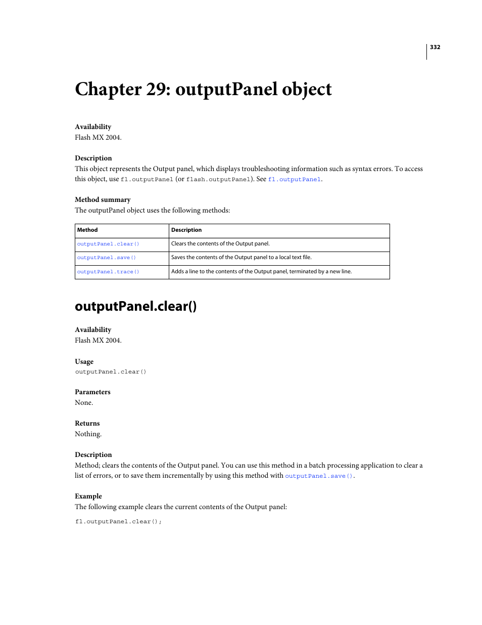Chapter 29: outputpanel object, Outputpanel.clear(), Outputpanel object | Read-only property; reference to the | Adobe Extending Flash Professional CS4 User Manual | Page 354 / 560