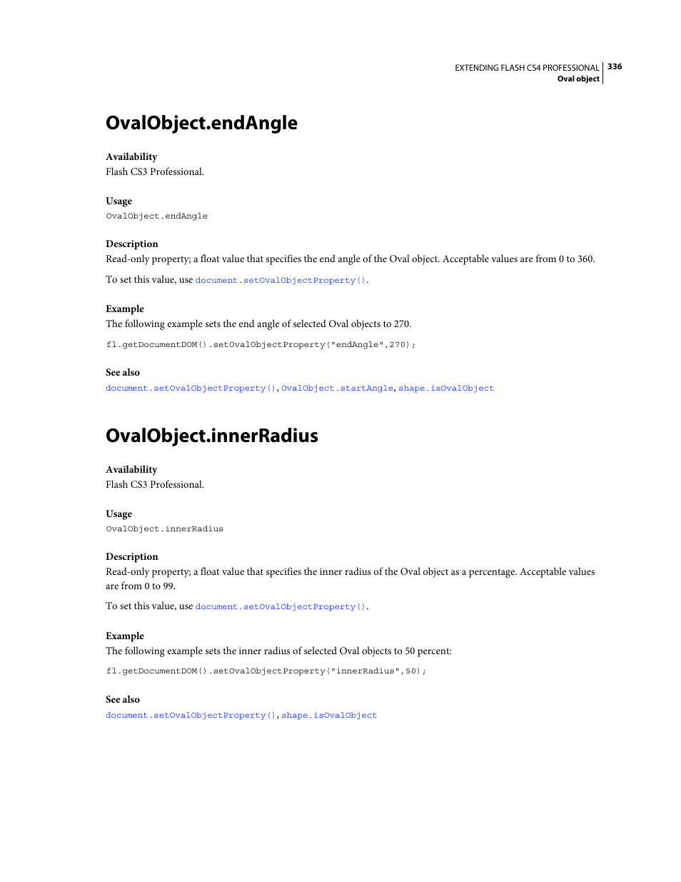 Ovalobject.endangle, Ovalobject.innerradius | Adobe Extending Flash Professional CS4 User Manual | Page 358 / 560