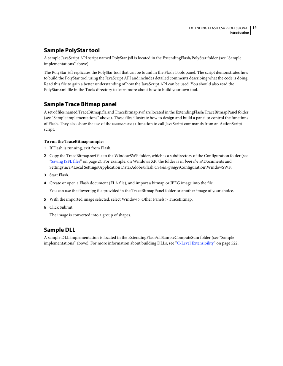 Sample polystar tool, Sample trace bitmap panel, Sample dll | Adobe Extending Flash Professional CS4 User Manual | Page 36 / 560