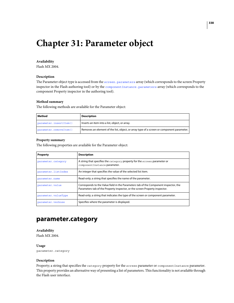 Chapter 31: parameter object, Parameter.category, Parameter object | Adobe Extending Flash Professional CS4 User Manual | Page 360 / 560