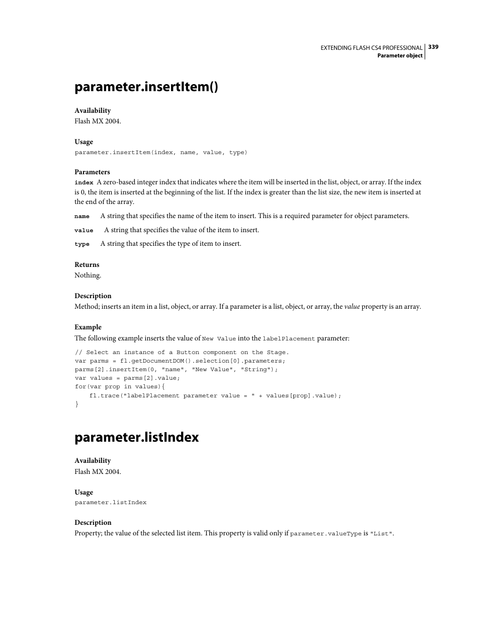 Parameter.insertitem(), Parameter.listindex | Adobe Extending Flash Professional CS4 User Manual | Page 361 / 560