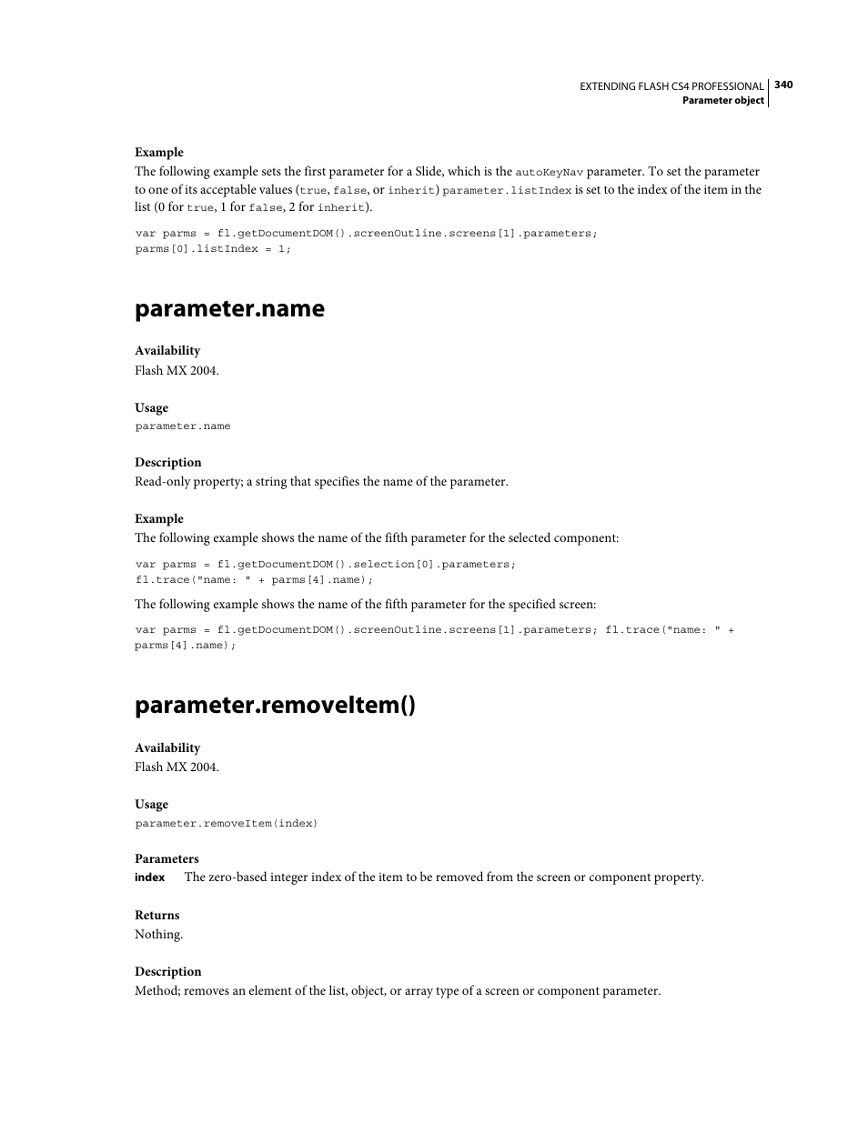 Parameter.name, Parameter.removeitem() | Adobe Extending Flash Professional CS4 User Manual | Page 362 / 560