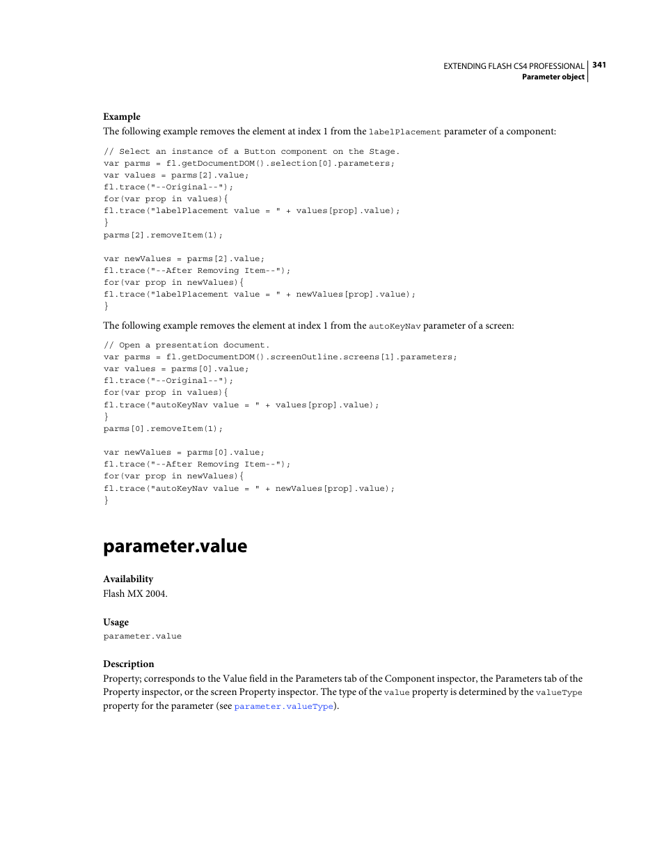 Parameter.value | Adobe Extending Flash Professional CS4 User Manual | Page 363 / 560
