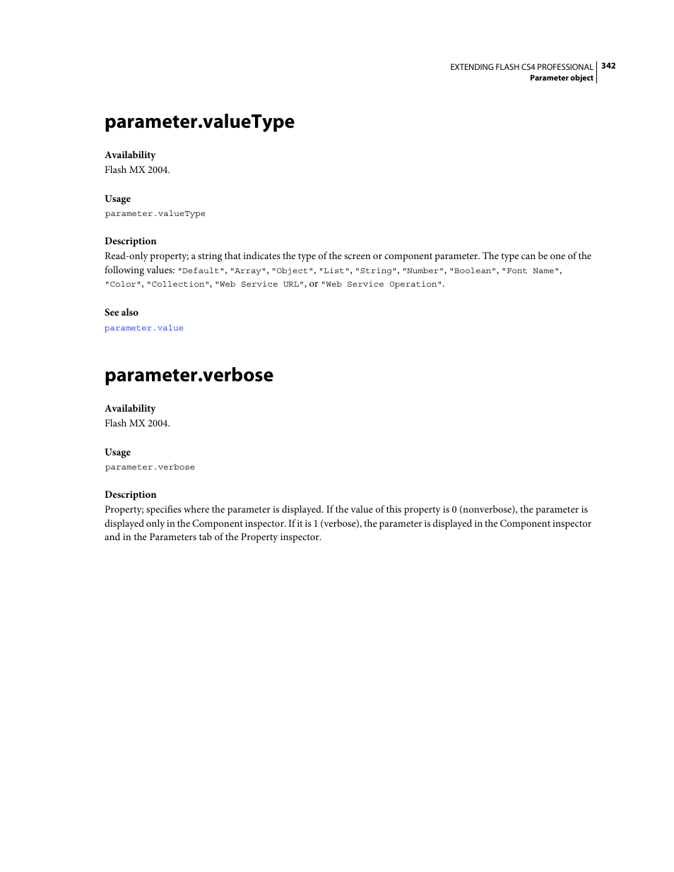 Parameter.valuetype, Parameter.verbose | Adobe Extending Flash Professional CS4 User Manual | Page 364 / 560